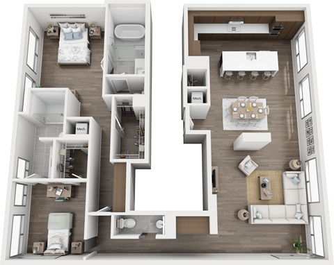 Floor plan for 2 beds, 2.5 baths, 1630 sqft